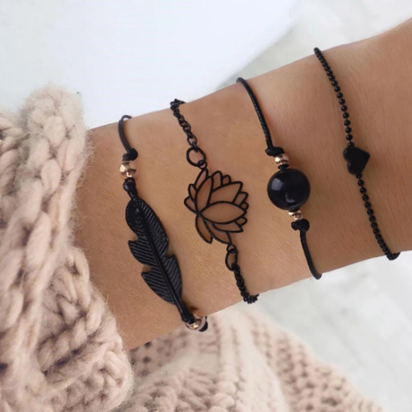 NEW 4 pc Black Boho Lotus Adjustable Bracelet Set - Picture 2 of 16
